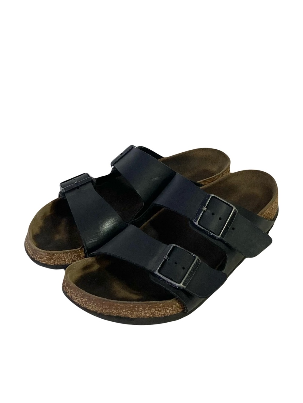 BIRKENSTOCK Sandals Women 7/8 Black Leather 2-Straps Buckle Slip-On Flats